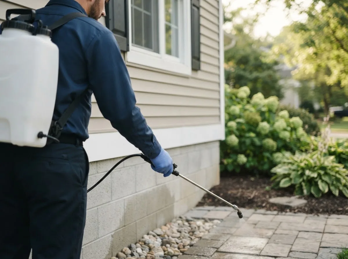 Pest control technician inspecting a home in Clayville, NY